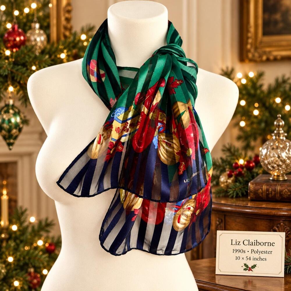 Vintage Liz Claiborne 90s Christmas Ornament Scarf Sheer Stripe Polyester 10x54